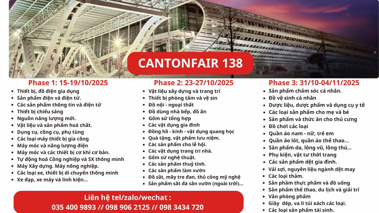 Read more about the article Hội chợ Canton Fair lần thứ 138 tháng 10/2025 tại Quảng Châu, Trung Quốc